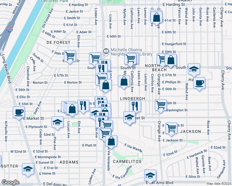 map of restaurants, bars, coffee shops, grocery stores, and more near 725 East 55th Street in Long Beach