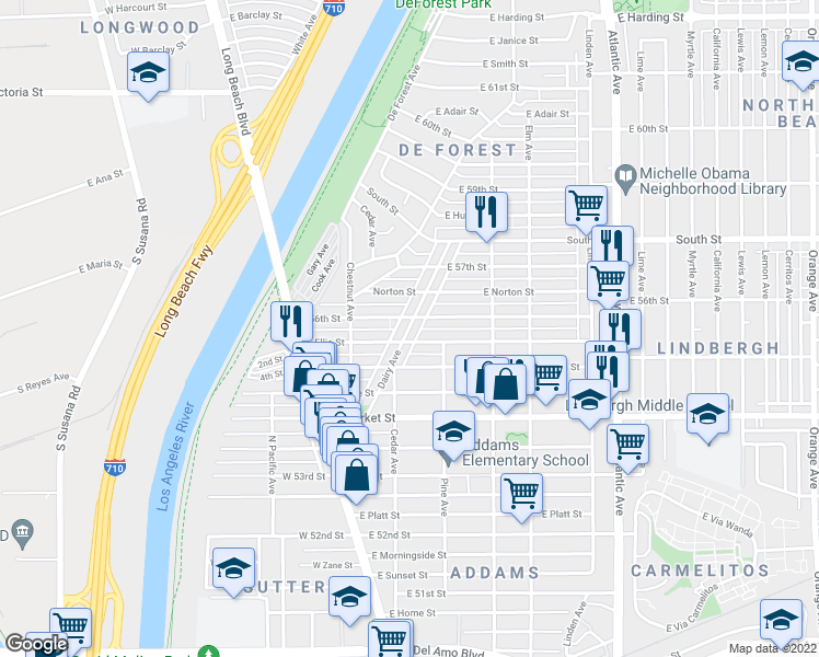 map of restaurants, bars, coffee shops, grocery stores, and more near 178 East Ellis Street in Long Beach
