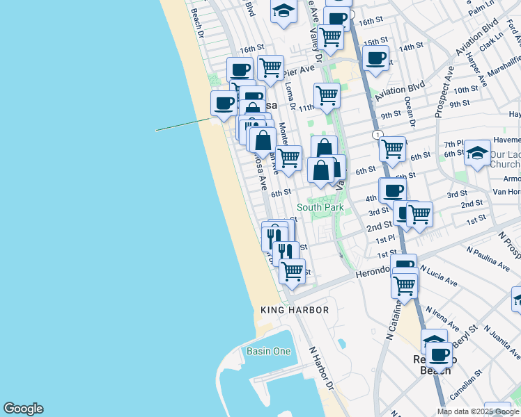 map of restaurants, bars, coffee shops, grocery stores, and more near 420 The Strand in Hermosa Beach