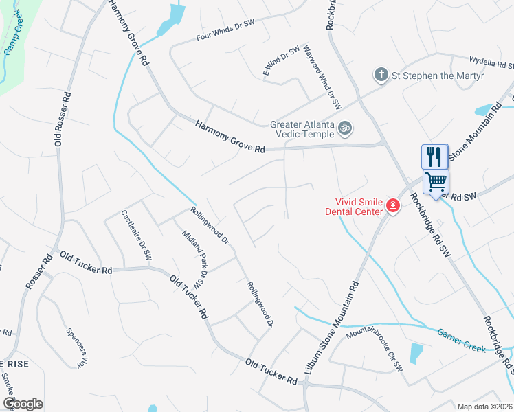 map of restaurants, bars, coffee shops, grocery stores, and more near 530 Orchard Place Circle Southwest in Lilburn