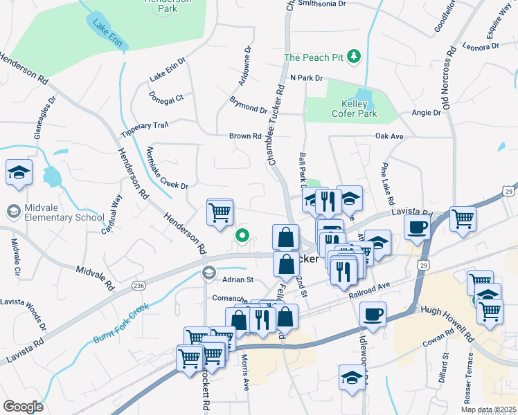 map of restaurants, bars, coffee shops, grocery stores, and more near 4128 Morgan Road in Tucker