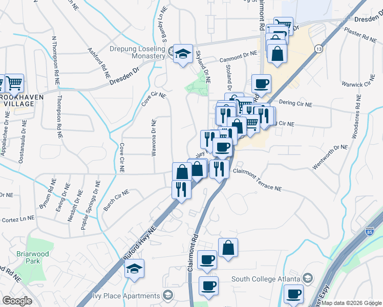 map of restaurants, bars, coffee shops, grocery stores, and more near 2439 Skyland Trail Northeast in Atlanta