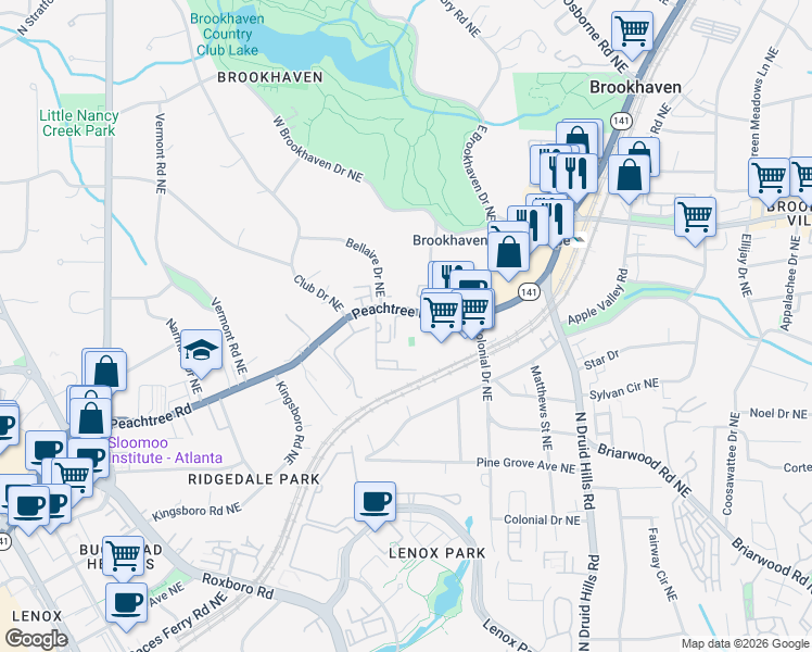 map of restaurants, bars, coffee shops, grocery stores, and more near 3833 Peachtree Road Northeast in Atlanta