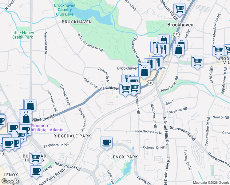 map of restaurants, bars, coffee shops, grocery stores, and more near 2443 East Club Drive Northeast in Atlanta
