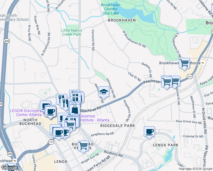 map of restaurants, bars, coffee shops, grocery stores, and more near 3738 Paige Way in Atlanta