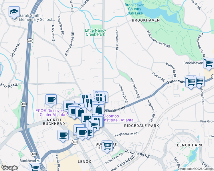 map of restaurants, bars, coffee shops, grocery stores, and more near 3735 Peachtree Dunwoody Road in Atlanta