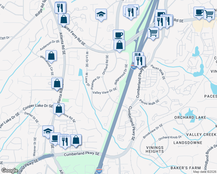 map of restaurants, bars, coffee shops, grocery stores, and more near 3947 Orchard Road Southeast in Smyrna