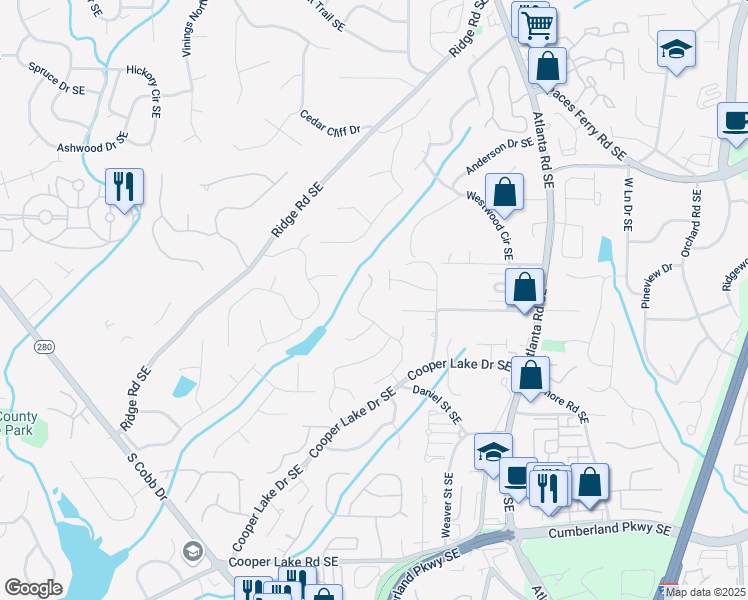 map of restaurants, bars, coffee shops, grocery stores, and more near 4055 Vinings Mill Trail in Smyrna