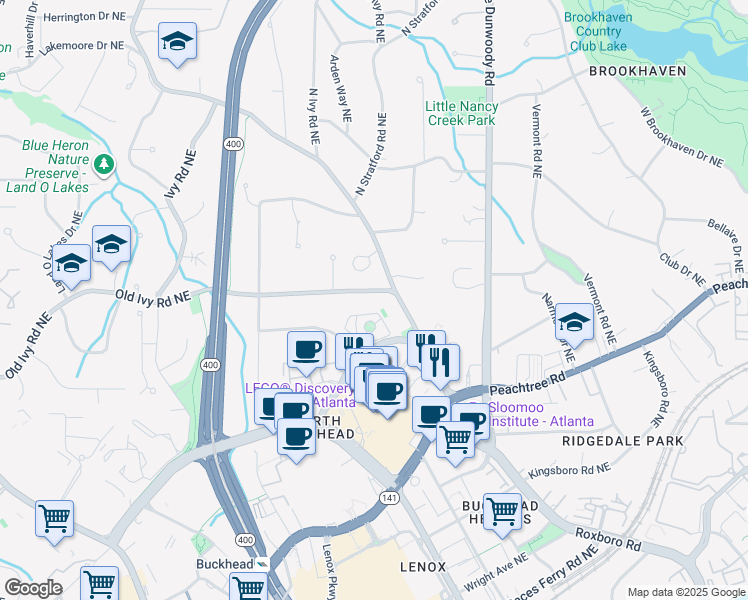 map of restaurants, bars, coffee shops, grocery stores, and more near 13 Conifer Circle Northeast in Atlanta