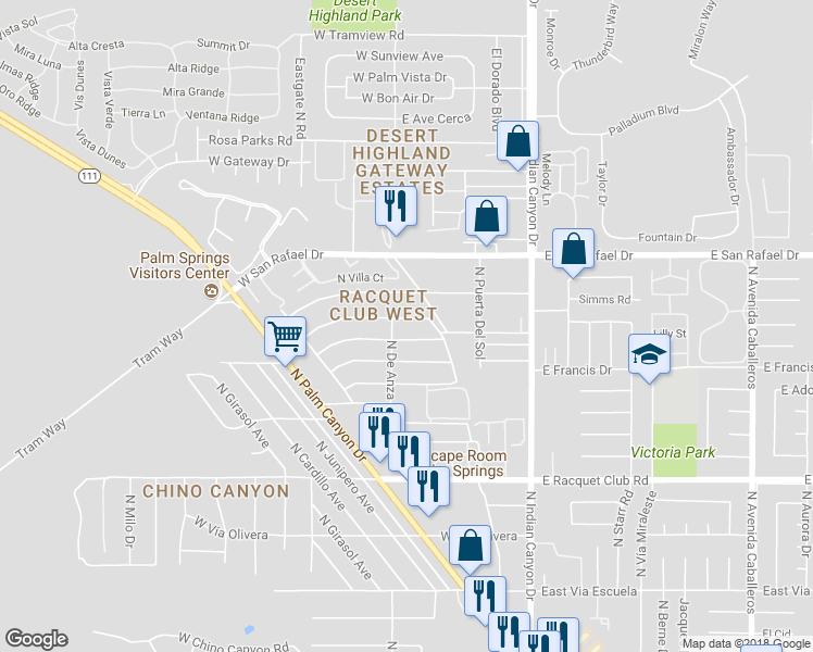 map of restaurants, bars, coffee shops, grocery stores, and more near 363 West Yorba Road in Palm Springs
