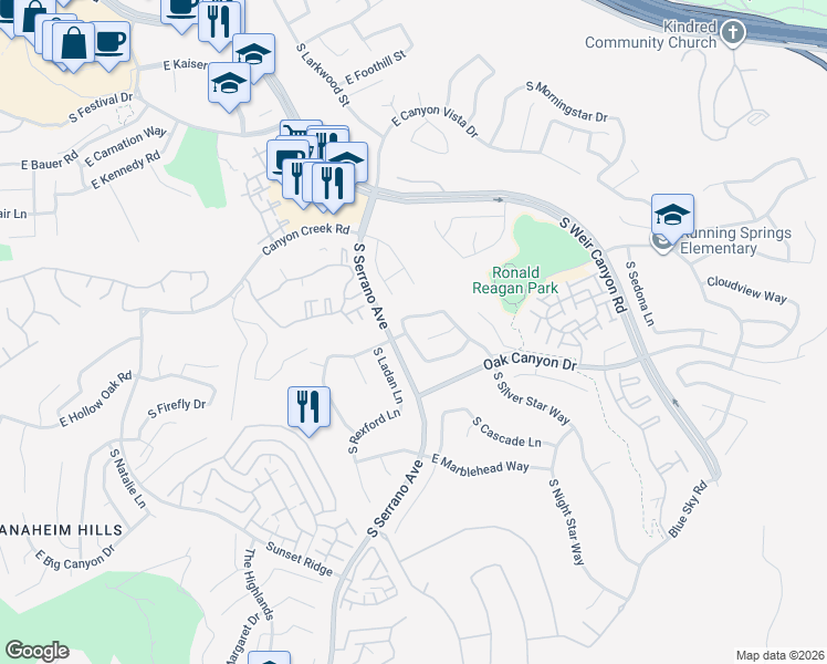 map of restaurants, bars, coffee shops, grocery stores, and more near 912 South Lone Pine Lane in Anaheim