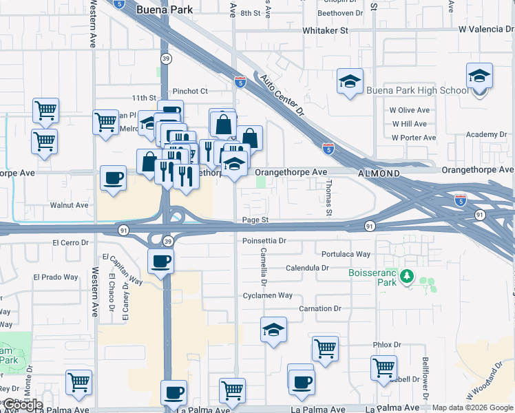 map of restaurants, bars, coffee shops, grocery stores, and more near 7069 Oregon Street in Buena Park