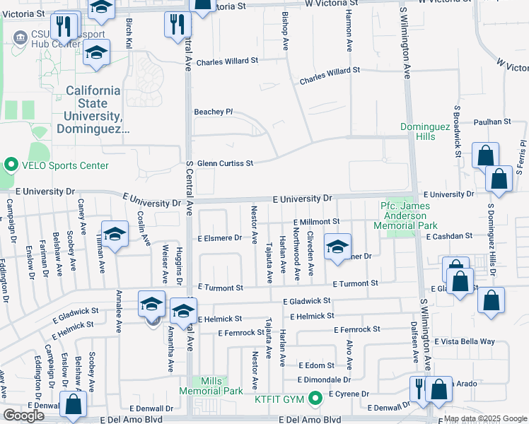 map of restaurants, bars, coffee shops, grocery stores, and more near 19202 Tajauta Avenue in Carson