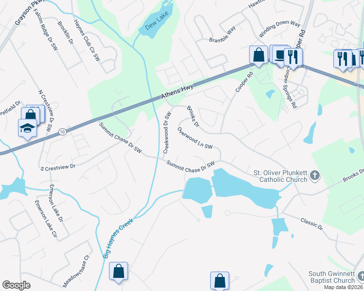 map of restaurants, bars, coffee shops, grocery stores, and more near 1401 Overwood Trce Southwest in Snellville