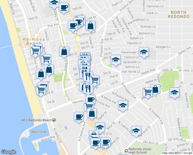 map of restaurants, bars, coffee shops, grocery stores, and more near 938 3rd Street in Hermosa Beach