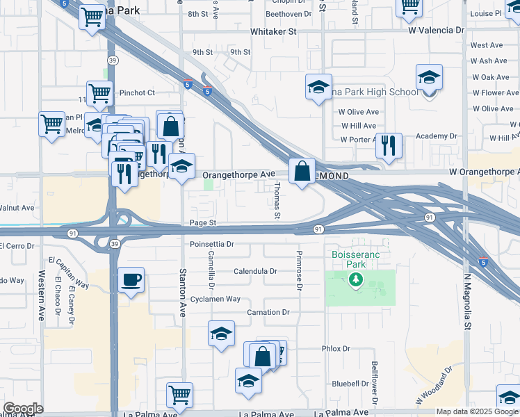 map of restaurants, bars, coffee shops, grocery stores, and more near 7136 Indigo Way in Buena Park