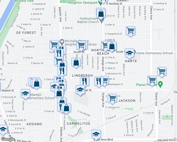 map of restaurants, bars, coffee shops, grocery stores, and more near 5552 North Lewis Avenue in Long Beach