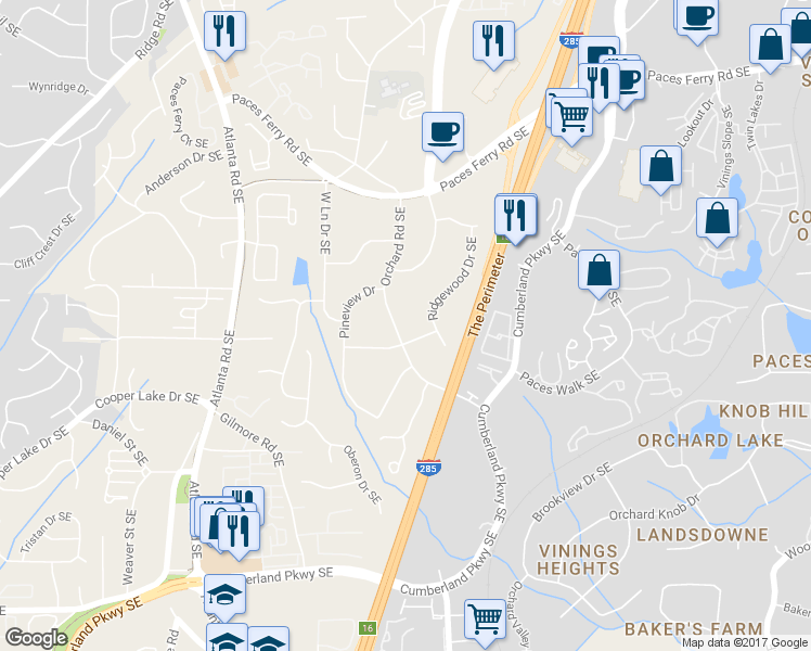 map of restaurants, bars, coffee shops, grocery stores, and more near 3947 Orchard Road Southeast in Smyrna