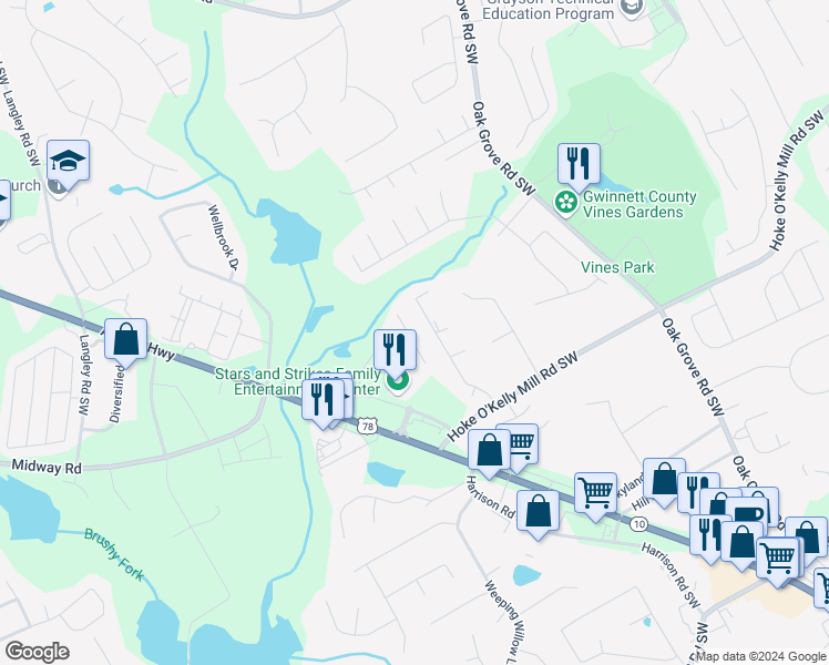 map of restaurants, bars, coffee shops, grocery stores, and more near 513 Cherry Creek Drive in Loganville
