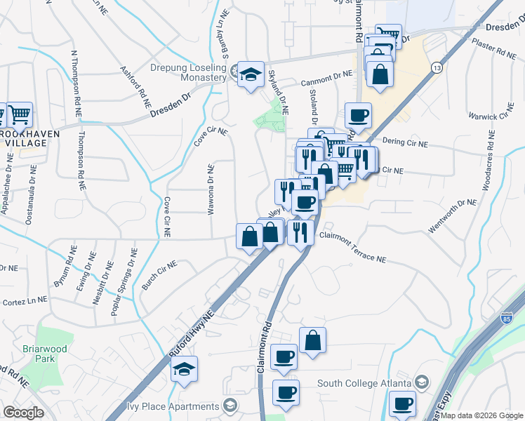 map of restaurants, bars, coffee shops, grocery stores, and more near 2439 Skyland Trail Northeast in Atlanta