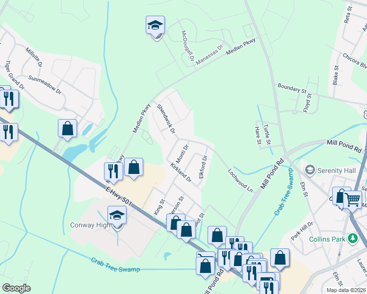map of restaurants, bars, coffee shops, grocery stores, and more near 1125 Monti Drive in Conway