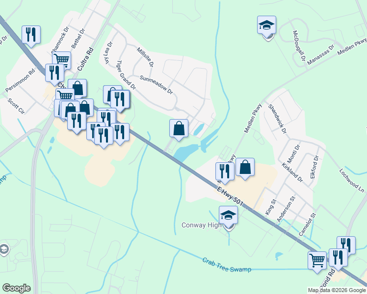 map of restaurants, bars, coffee shops, grocery stores, and more near 2440 Whwy 501 in Conway