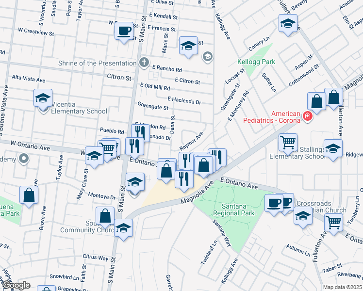 map of restaurants, bars, coffee shops, grocery stores, and more near 397 Raymor Avenue in Corona