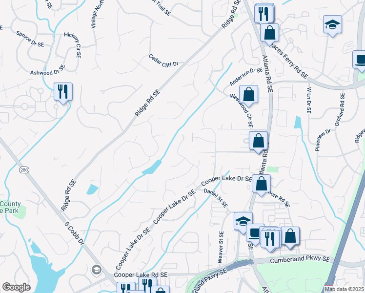 map of restaurants, bars, coffee shops, grocery stores, and more near 4055 Vinings Mill Trail in Smyrna