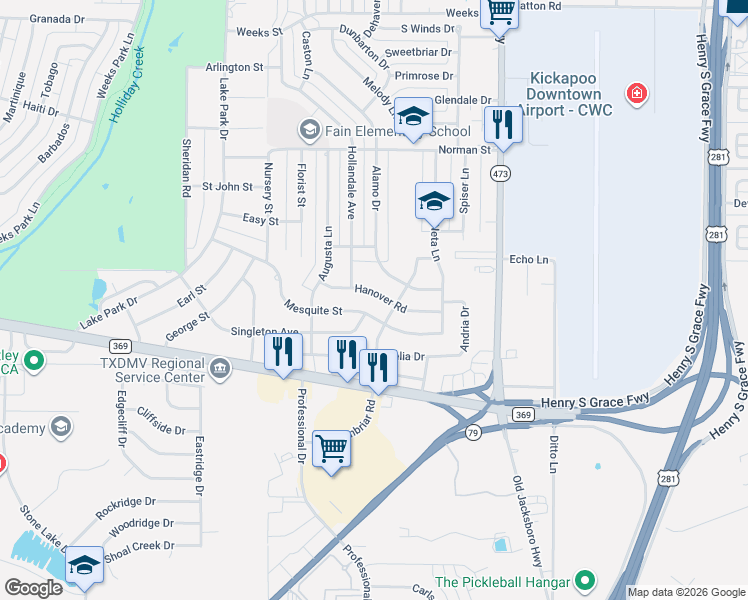 map of restaurants, bars, coffee shops, grocery stores, and more near 1543 Singleton Avenue in Wichita Falls