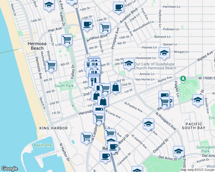 map of restaurants, bars, coffee shops, grocery stores, and more near 922 2nd Street in Hermosa Beach