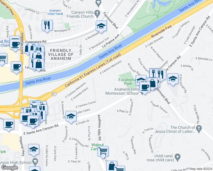 map of restaurants, bars, coffee shops, grocery stores, and more near 199 North Paseo Rio Moreno in Anaheim