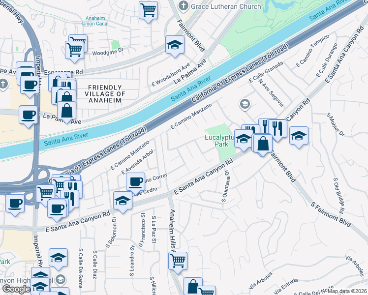 map of restaurants, bars, coffee shops, grocery stores, and more near 199 North Paseo Rio Moreno in Anaheim