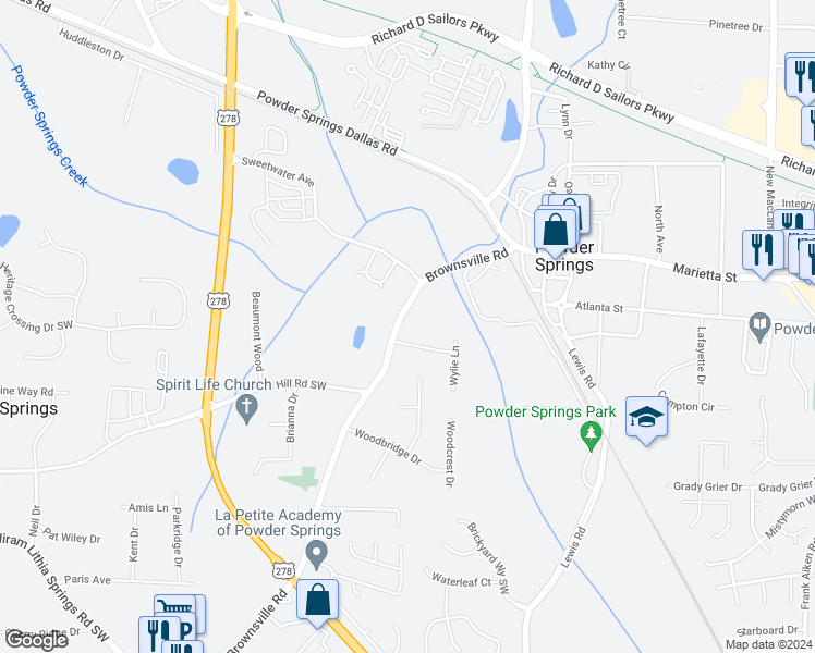 map of restaurants, bars, coffee shops, grocery stores, and more near 4115 Brownsville Road in Powder Springs