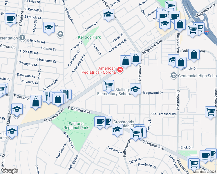 map of restaurants, bars, coffee shops, grocery stores, and more near 2005 Kellogg Avenue in Corona