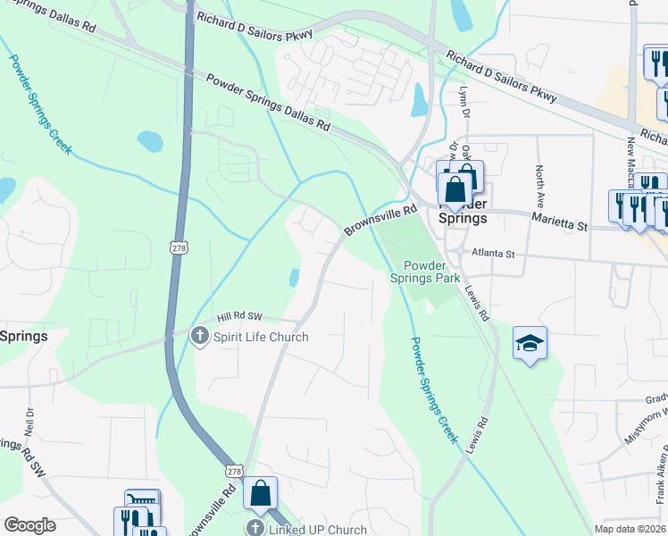 map of restaurants, bars, coffee shops, grocery stores, and more near 3936 State Route 6 Bus in Powder Springs
