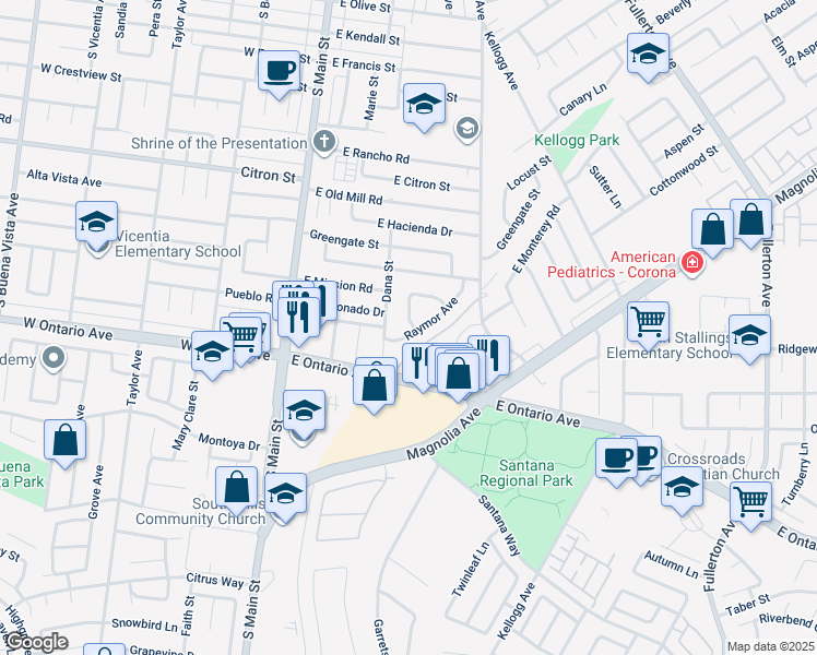 map of restaurants, bars, coffee shops, grocery stores, and more near 397 Raymor Avenue in Corona