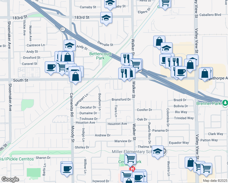 map of restaurants, bars, coffee shops, grocery stores, and more near 5400 Orangethorpe Avenue in La Palma
