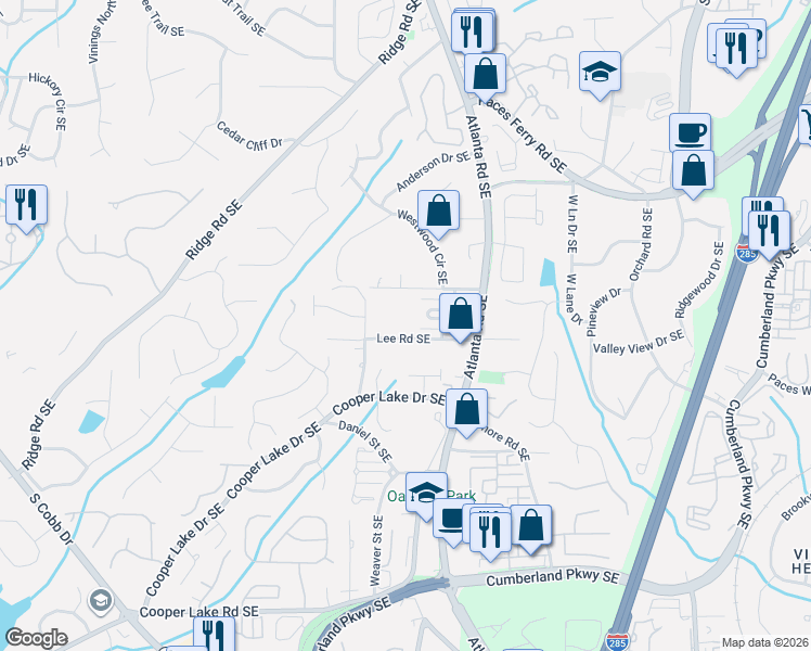 map of restaurants, bars, coffee shops, grocery stores, and more near 2036 Westwood Road Southeast in Smyrna