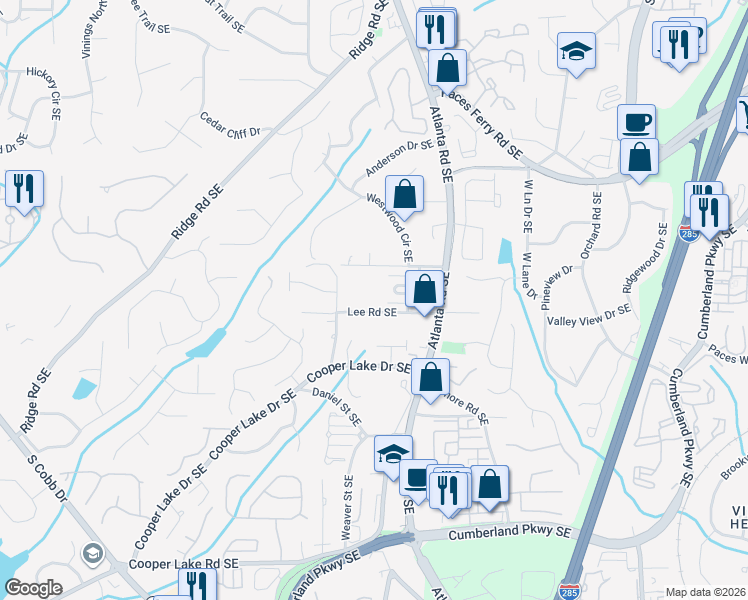 map of restaurants, bars, coffee shops, grocery stores, and more near 2036 Westwood Road Southeast in Smyrna