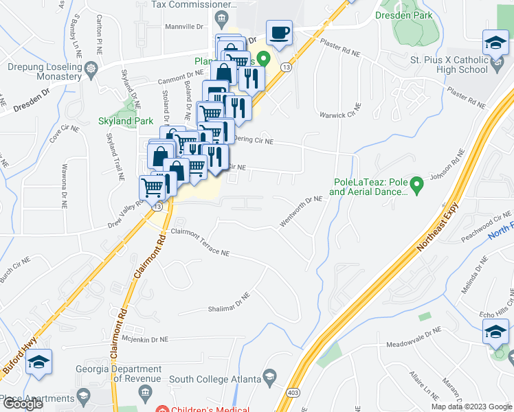 map of restaurants, bars, coffee shops, grocery stores, and more near 2104 Clairmeade Valley Road Northeast in Atlanta