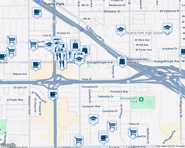 map of restaurants, bars, coffee shops, grocery stores, and more near 8118 Orangethorpe Avenue in Buena Park