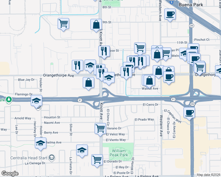 map of restaurants, bars, coffee shops, grocery stores, and more near 7142 Orangethorpe Avenue in Buena Park