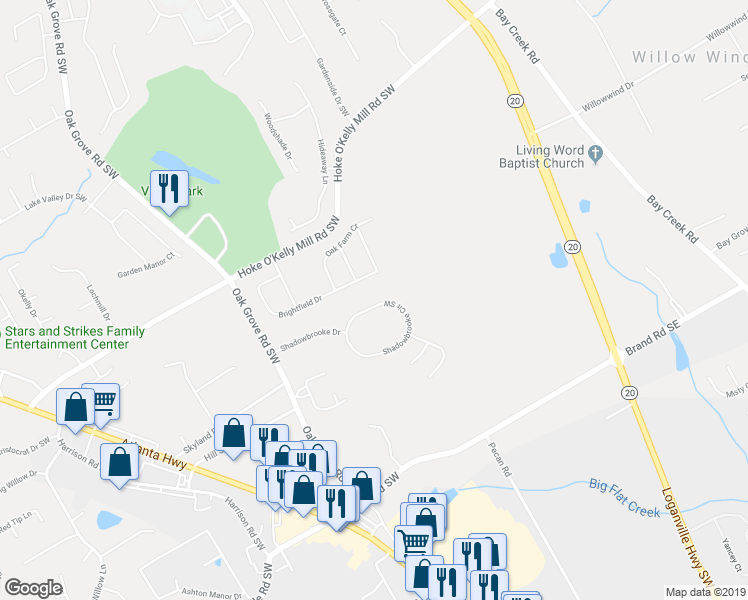 map of restaurants, bars, coffee shops, grocery stores, and more near 335 Shadowbrooke Circle Southwest in Loganville