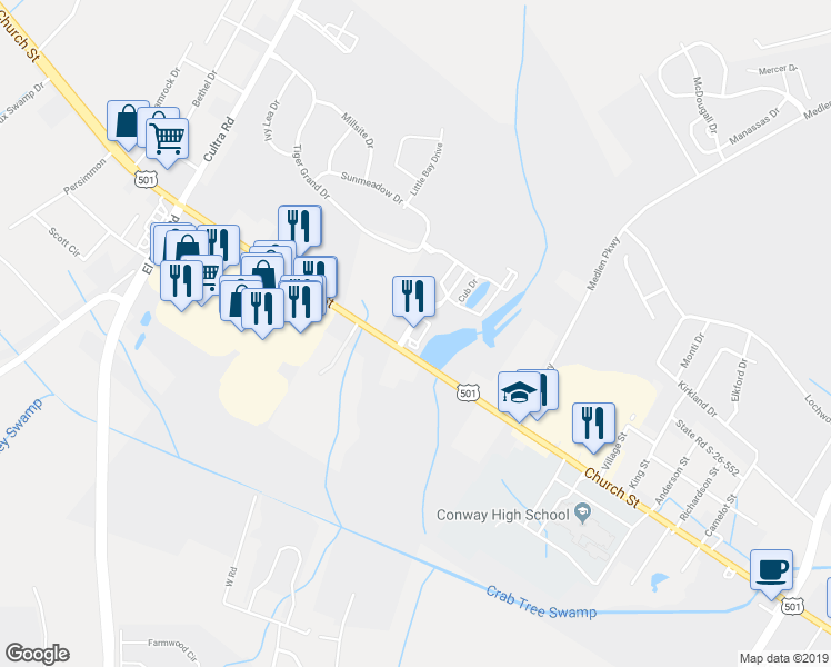 map of restaurants, bars, coffee shops, grocery stores, and more near 2494 Church Street in Conway