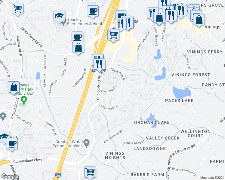 map of restaurants, bars, coffee shops, grocery stores, and more near 3769 Allegretto Circle in Atlanta