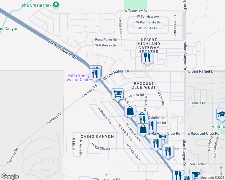 map of restaurants, bars, coffee shops, grocery stores, and more near 2875 North Los Felices Road in Palm Springs