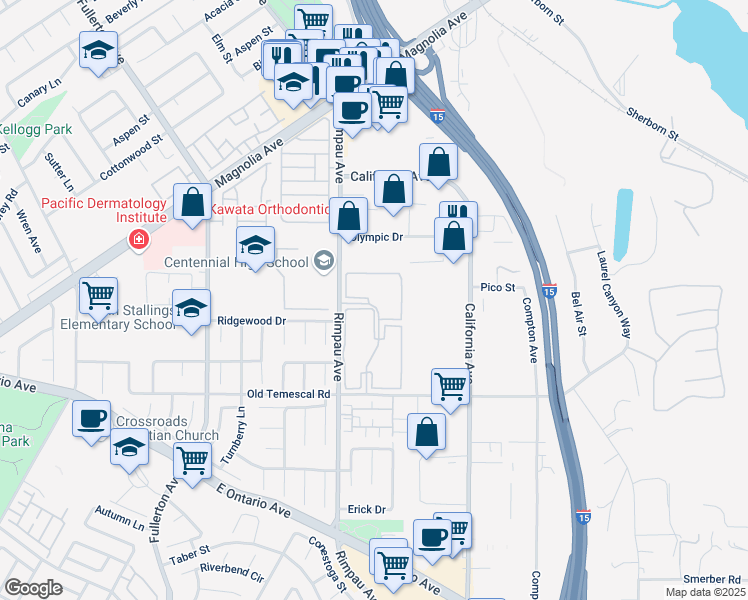 map of restaurants, bars, coffee shops, grocery stores, and more near 1172 Chestnut Lane in Corona