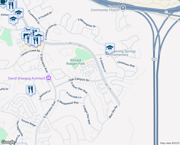 map of restaurants, bars, coffee shops, grocery stores, and more near 949 South Pagossa Way in Anaheim