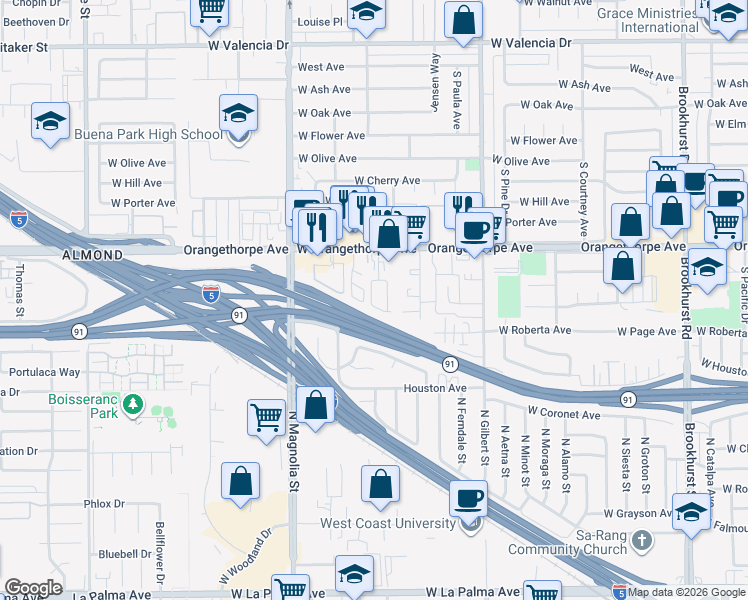 map of restaurants, bars, coffee shops, grocery stores, and more near 2452 West Orangethorpe Avenue in Fullerton