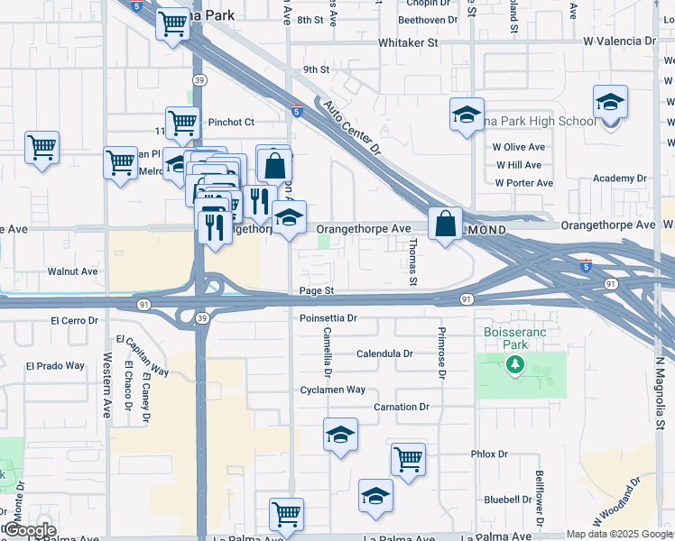map of restaurants, bars, coffee shops, grocery stores, and more near 8118 Orangethorpe Avenue in Buena Park